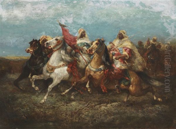 Drei Nach Links Reitende Araber Mit Gefolge Oil Painting by Adolf Schreyer