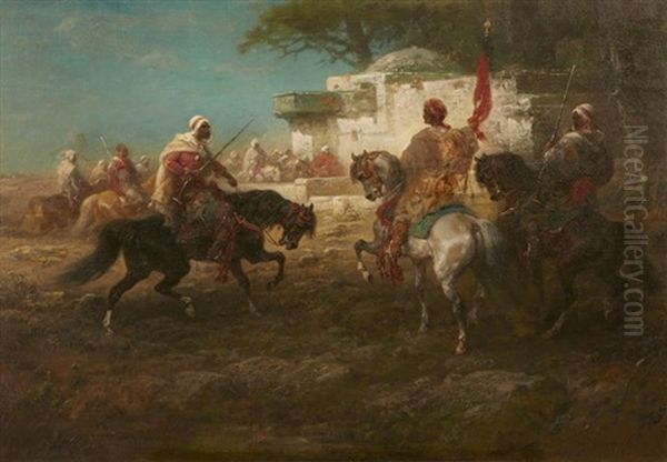 Ecole Allemande Cavaliers Autour De L'abreuvoir Oil Painting by Adolf Schreyer