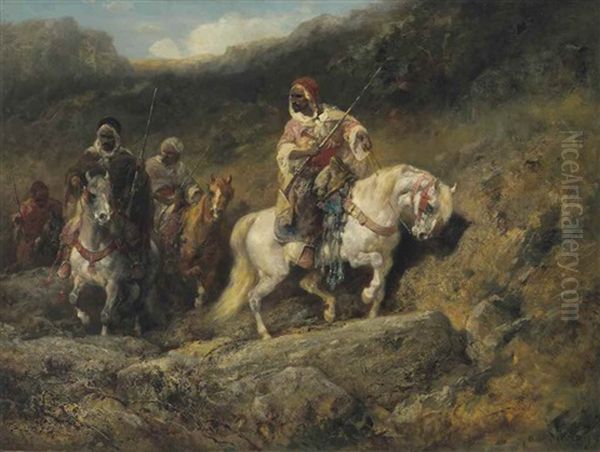 Arab Horsemen In A Mountainous Landscape Oil Painting by Adolf Schreyer