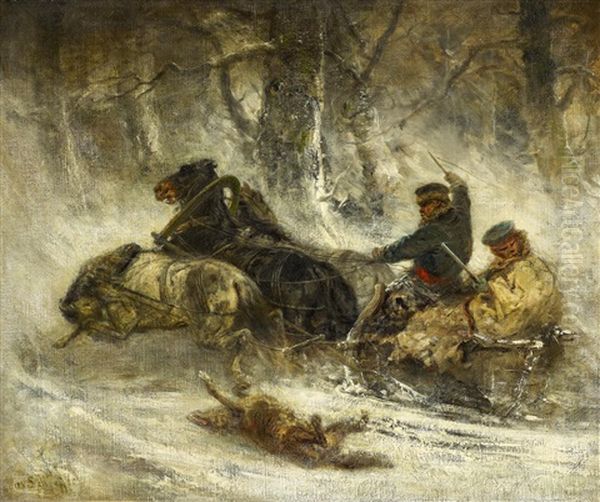 Wolfsjagd Im Winter Oil Painting by Adolf Schreyer