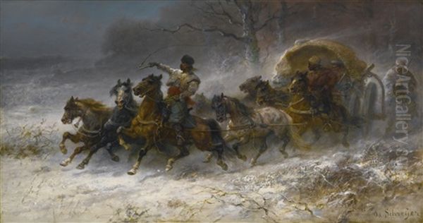 Wallachians On The Move In A Winter Landscape Oil Painting by Adolf Schreyer