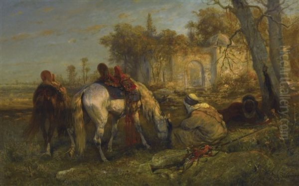 Two Reclining Arabs And Two Tethered Horses by Adolf Schreyer