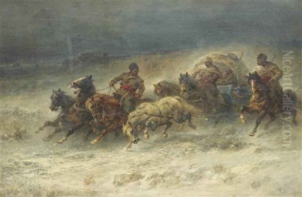 A Wallachian Wagon Under Attack Oil Painting by Adolf Schreyer