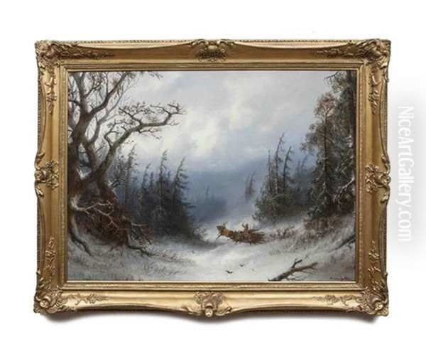 Loading Firewood In A Snowy Forest Landscape Oil Painting by Adolf Schreyer