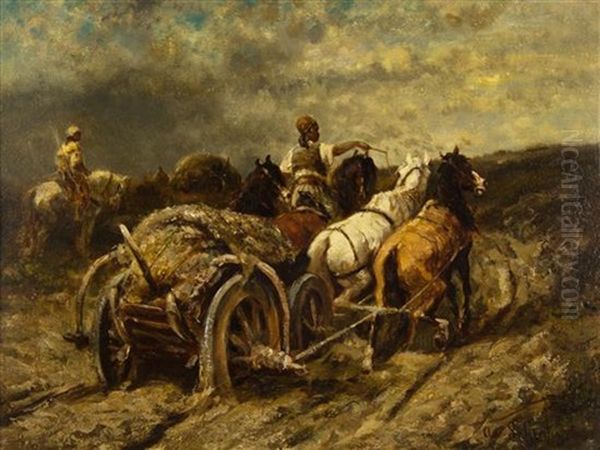 Horse Drawn Wagon Oil Painting by Adolf Schreyer