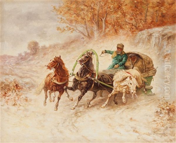 Troika Con Cavalli Oil Painting by Adolf Schreyer