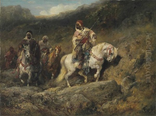 Arab Horsemen In A Mountainous Landscape Oil Painting by Adolf Schreyer