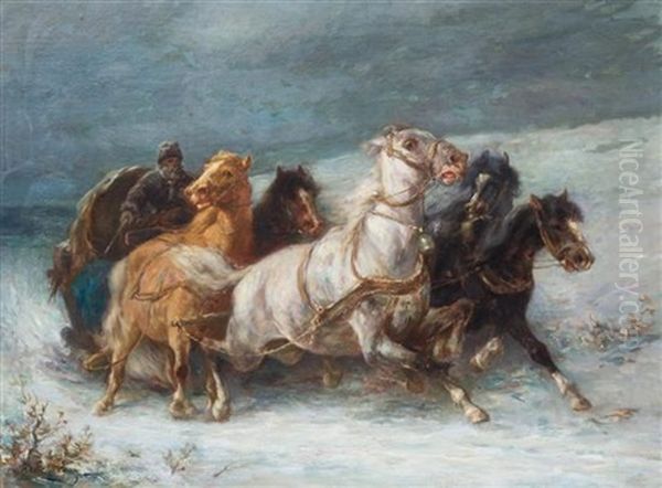 Racing Through The Snow Oil Painting by Adolf Schreyer