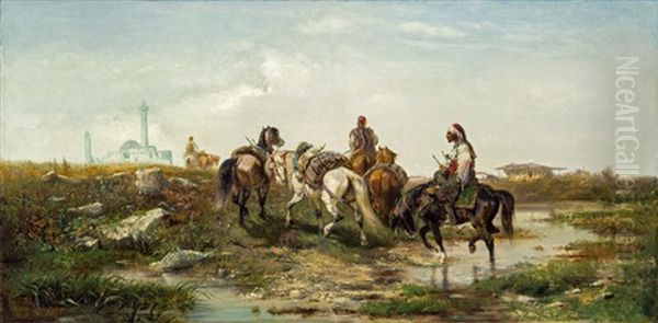 Arabische Reiter Uberqueren Einen Fluss Oil Painting by Adolf Schreyer