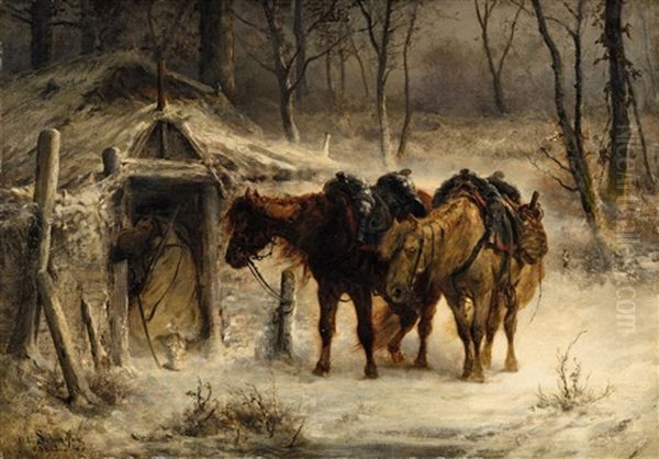 Winter Landscape With A Huntsman And Horses Oil Painting by Adolf Schreyer