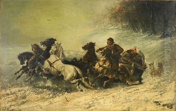 The Startled Team Oil Painting by Adolf Schreyer