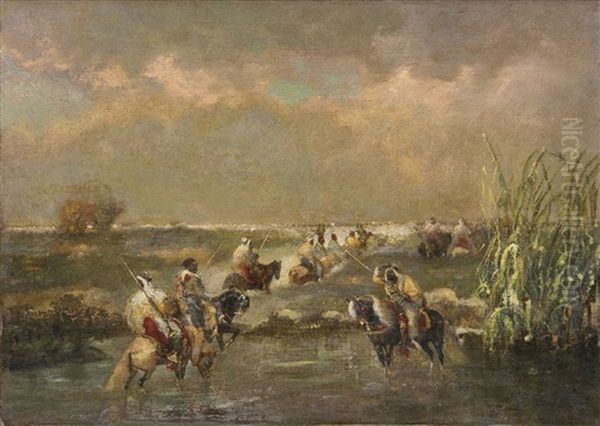 Orientalische Reiterkarawane Im Flus Oil Painting by Adolf Schreyer