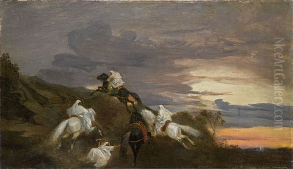 Arabische Reiter Im Sonnenuntergang Oil Painting by Adolf Schreyer