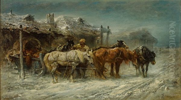 Kaukasische Winterlandschaft. Vor Einer Kate Schirrt Ein Kosak Einen Vierspannigen Schlitten Ein Oil Painting by Adolf Schreyer