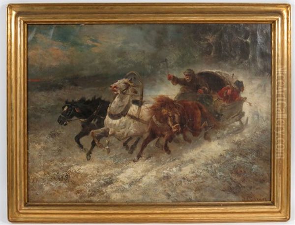 Sleigh Drawn By Three Horses, Fleeing Wolves Oil Painting by Adolf Schreyer