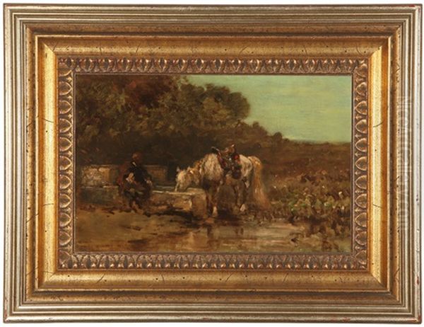 Figure Seated Near A Horse Drinking From A Trough Oil Painting by Adolf Schreyer