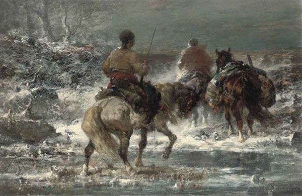 Warriors In A Winter Landscape Oil Painting by Adolf Schreyer