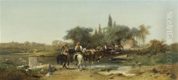 Orientalische Reiterkarawane Am Fluss Oil Painting by Adolf Schreyer