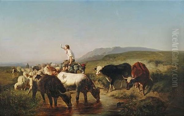 Vieh- Und Schafherde Mit Eselreitendem Hirtenknaben In Weiter Landschaft Oil Painting by Adolf Schreyer