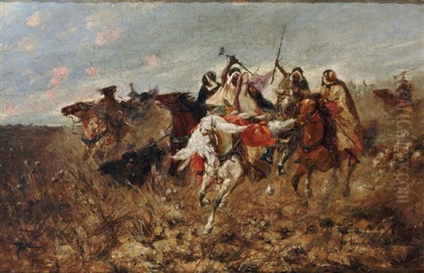 Sturmende Reiter In Orientalischer Tracht Uberwaltigen Einen Herrschaftlichen Anfuhrer Oil Painting by Adolf Schreyer