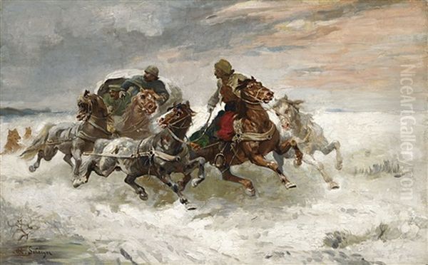 Funfergespann Von Wolfen Verfolgt Oil Painting by Adolf Schreyer