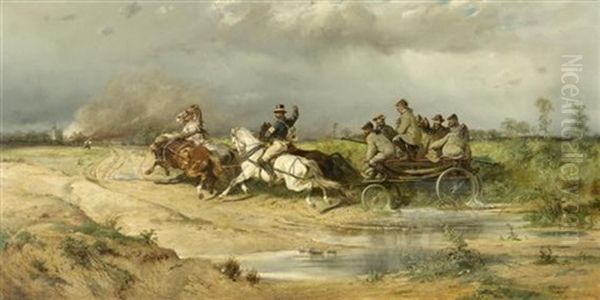 Loschwagen Mit Einer Stadt Im Hintergrund Oil Painting by Adolf Schreyer