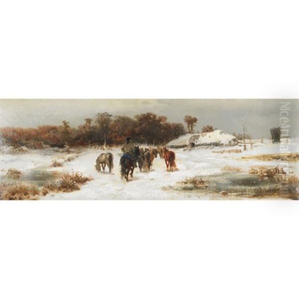 Horseman And Herd Nearing Home In The Snow Oil Painting by Adolf Schreyer