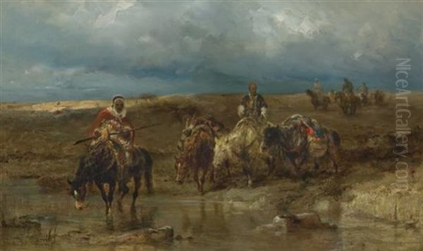 Crossing The River Oil Painting by Adolf Schreyer