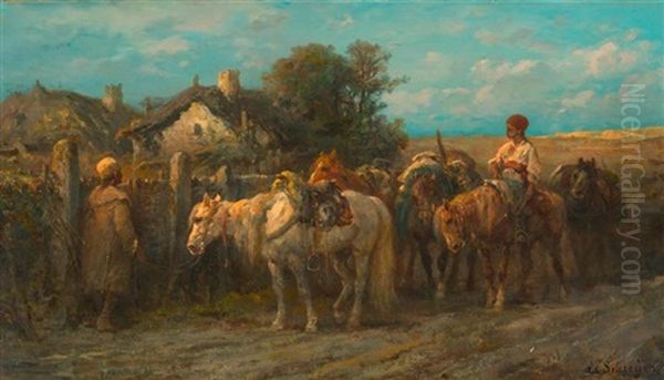 Reiter Mit Pferden Vor Dem Hof Oil Painting by Adolf Schreyer