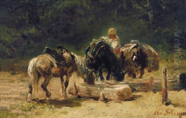 Rast An Der Tranke Oil Painting by Adolf Schreyer