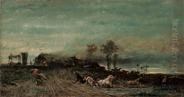 Pferde, Aus Einem Brennenden Dorf Fluchtend Oil Painting by Adolf Schreyer