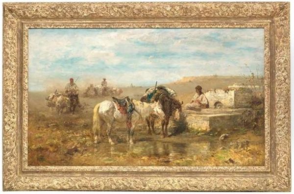 Rast Am Brunnen. In Einer Orientalischen Landschaft Sammeln Sich Reiter Und Ihre Lasttiere An Einer Wasserstelle by Adolf Schreyer