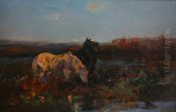 Wilde Pferde In Weiter Landschaft Oil Painting by Adolf Schreyer