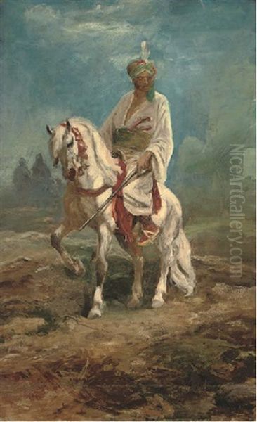 An Indian Soldier On A White Horse Oil Painting by Adolf Schreyer