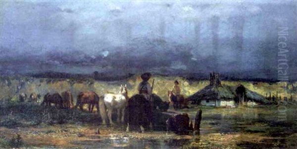 Farm Scene With Horses Oil Painting by Adolf Schreyer