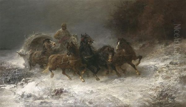 Walachischer Sechsspanner An Verschneitem Waldesrand Oil Painting by Adolf Schreyer