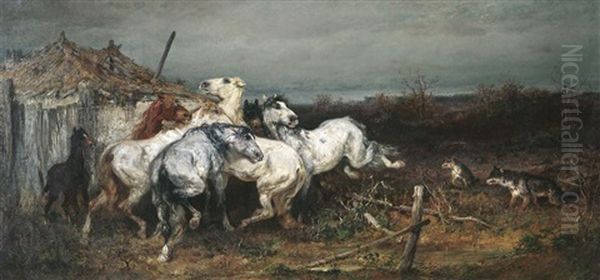 Eine Herde Pferde Verteidigt Ihr Fohlen Vor Den Wolfen Oil Painting by Adolf Schreyer