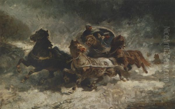 Chevaux Emballes Dans La Neige Oil Painting by Adolf Schreyer