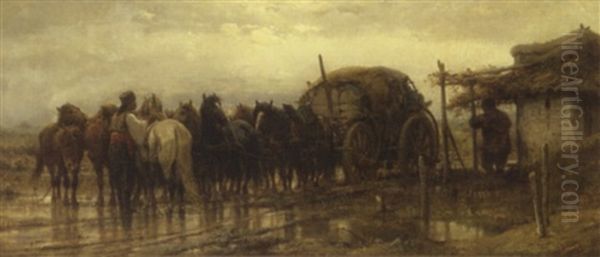 Horses And Horsemen With Carriage Oil Painting by Adolf Schreyer