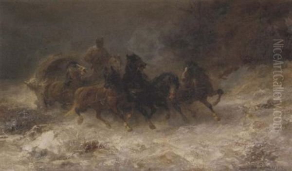 Wallachischer Schlittenzug Von Wolfen Verfolgt Oil Painting by Adolf Schreyer