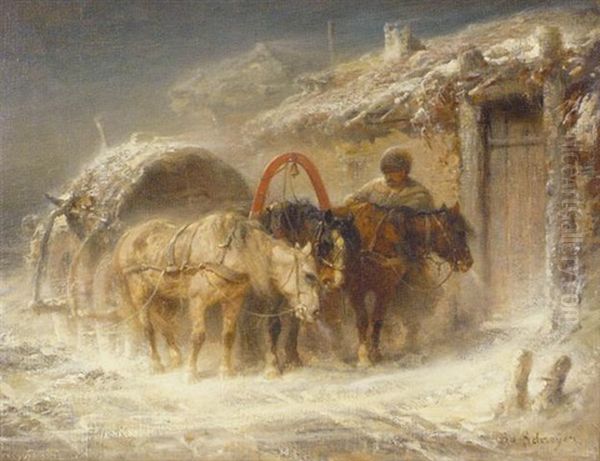 Wallachian Winter Scene With Team Of Horses by Adolf Schreyer