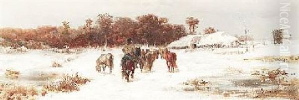 Hirte Mit Pferden In Winterlicher Landschaft Oil Painting by Adolf Schreyer