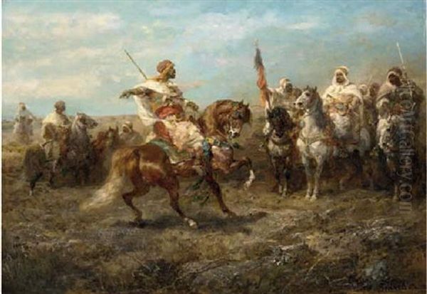 Arabian Chief With Warriors On Horseback Oil Painting by Adolf Schreyer