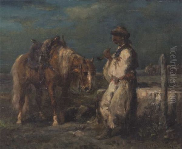 Ungarischer Bauer Mit Pferd Am Brunnentrog Oil Painting by Adolf Schreyer