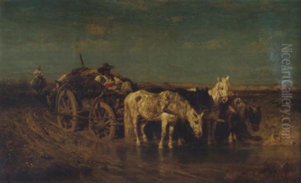 Wagon At Rest At The Water's Edge Oil Painting by Adolf Schreyer