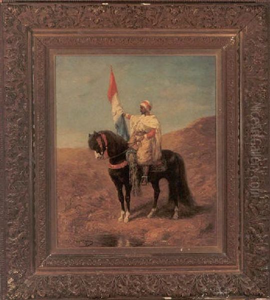 Arab Horseman Bearing A Tricolor Oil Painting by Adolf Schreyer