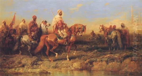 Arab Horsemen Before A Middle Eastern City Oil Painting by Adolf Schreyer