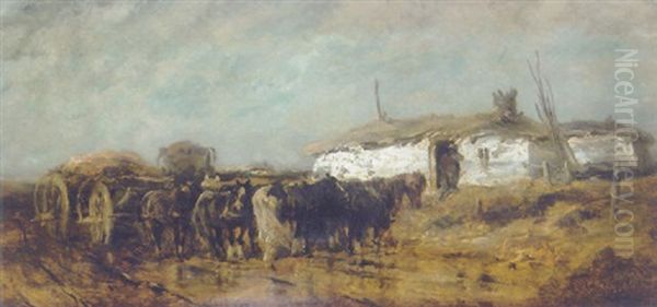 Pferdefuhrwerk In Der Puszta Oil Painting by Adolf Schreyer