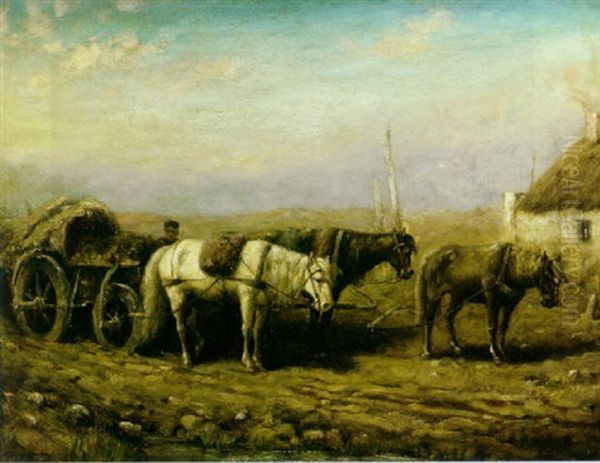 A Horsedrawn Cart With A Boy On A Road In A Rural Landscape Oil Painting by Adolf Schreyer