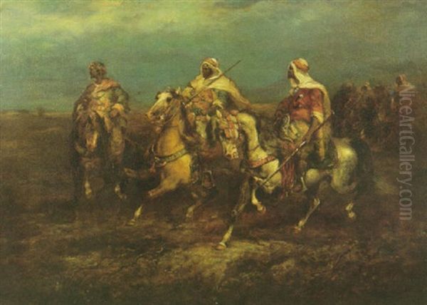 Cossack Warriors On Horseback In An Extensive Landscape Oil Painting by Adolf Schreyer